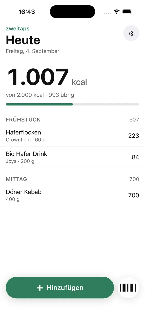 Heute-Bildschirm mit 539 kcal und einem Eintrag, unten die Plus-Taste