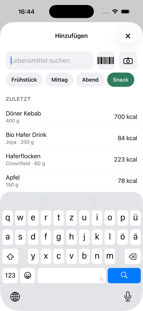 Hinzufügen-Bildschirm mit Suche, Barcode-Scanner und der Zuletzt-Liste