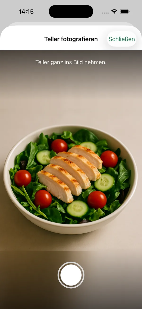 Teller fotografieren: Kamerabild mit einem Salat mit Hähnchen, oben der Hinweis „Teller ganz ins Bild nehmen“, unten der Auslöser