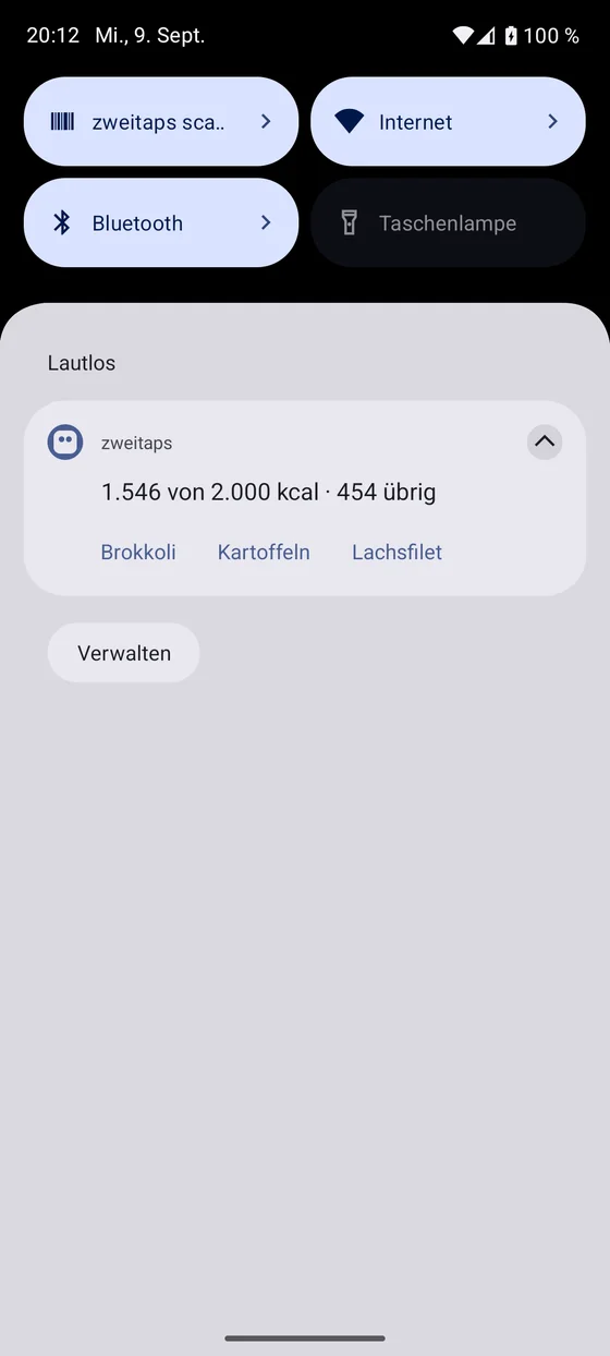 Android-Mitteilungsleiste: Kachel „zweitaps scannen“ und die Mitteilung 1.546 von 2.000 kcal, 454 übrig, mit Brokkoli, Kartoffeln und Lachsfilet zum Antippen.