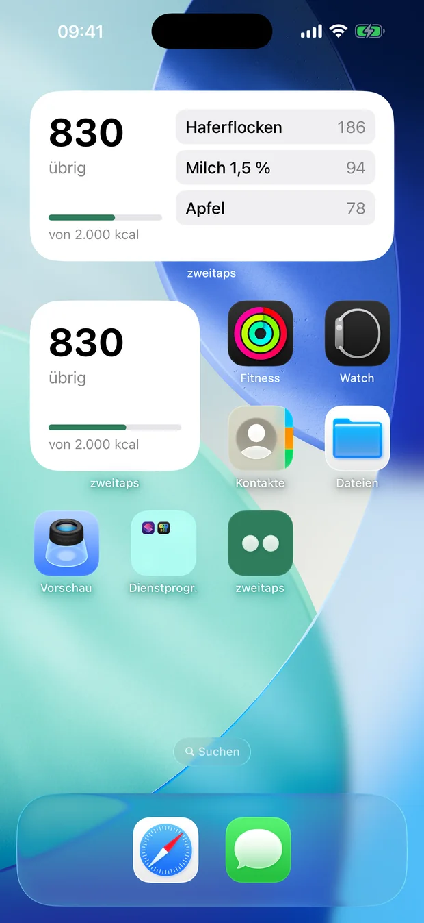 iPhone-Startbildschirm mit zwei zweitaps-Widgets: 830 übrig von 2.000 kcal und daneben Haferflocken 186, Milch 94, Apfel 78.