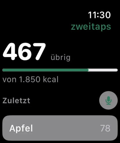 Apple Watch mit zweitaps: 467 übrig von 1.850 kcal, darunter Naposledy mit Apfel 78 und ein Mikrofonknopf.